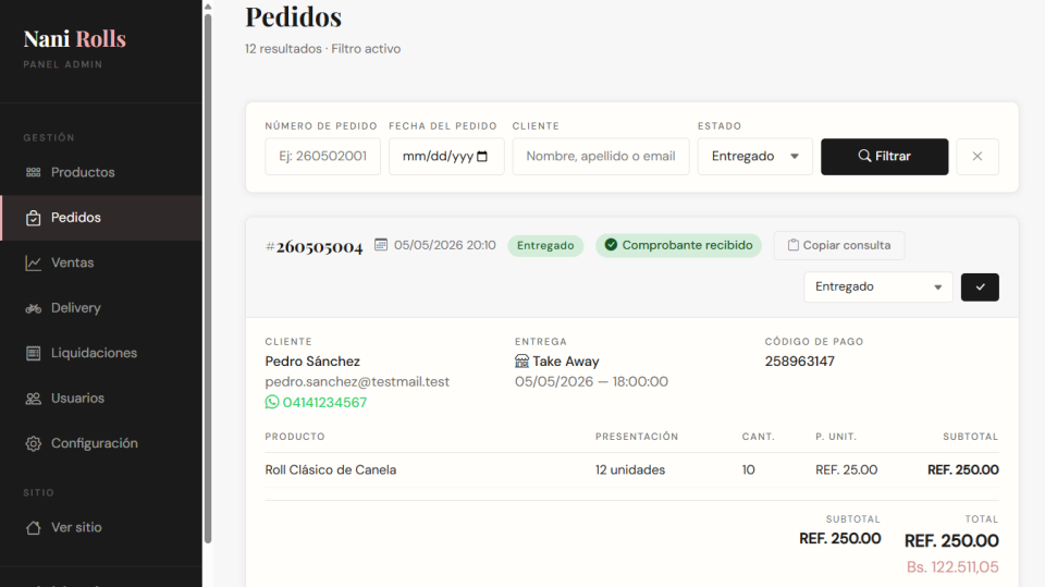 Panel de administración de pedidos